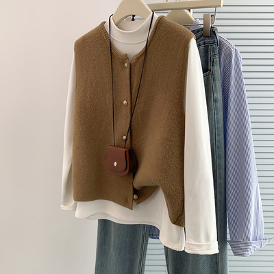 法式复古小金扣圆领针织马甲女春秋叠穿内搭坎肩无袖马夹背心外套