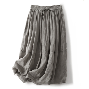 穿搭女 苎麻白色松紧腰半身裙休闲舒适松驰感日系风格 2024夏季 新款