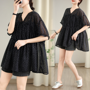 雪纺衫 V领显瘦娃娃衫 女夏季 胖MM韩版 新款 宽松遮肚波点短袖