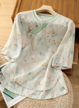 复古高端苎麻印花中袖衬衫女夏薄款斜襟立领中式汉服禅意茶服小衫