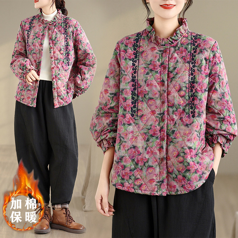 复古洋气印花刺绣棉服女冬季宽松木耳领绗缝菱格棉衣夹棉保暖外套,女装/女士精品,棉衣/棉服,淘宝优惠券,粉丝福利购,淘宝优惠卷