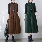 秋冬款 复古水洗全棉灯芯绒背带裙女纯色气质单排扣无袖 背心连衣裙