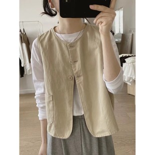 背心 宽松显瘦圆领小众设计感简约棉质复古工装 短款 马夹女春夏新款
