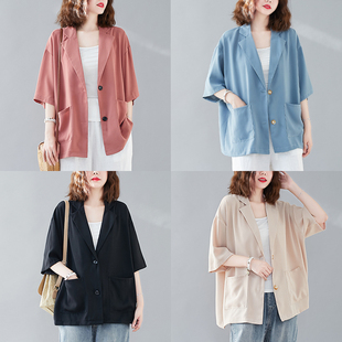 韩版 夏季 大码 宽松垂感雪纺休闲短款 西服上衣 小西装 半袖 外套女薄款