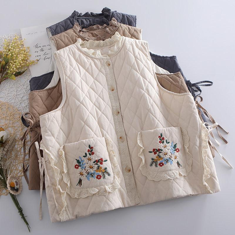 甜美森系刺绣棉服马甲外套女
