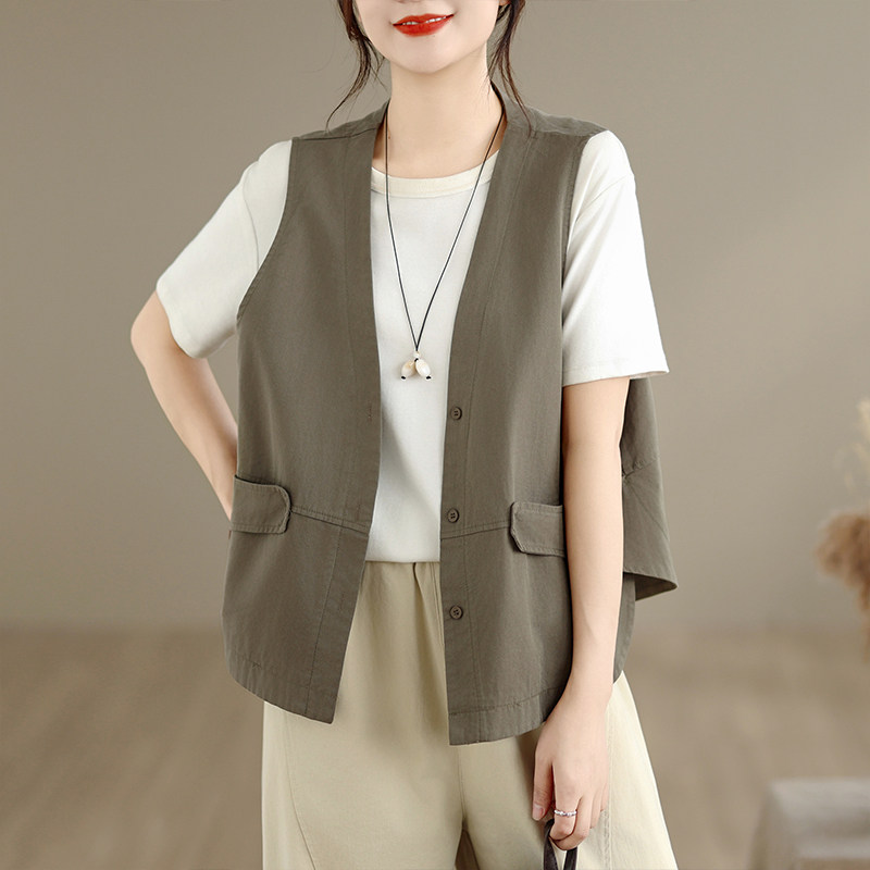 复古纯棉马甲背心女夏季薄款休闲V领短款无袖坎肩大码马夹上衣