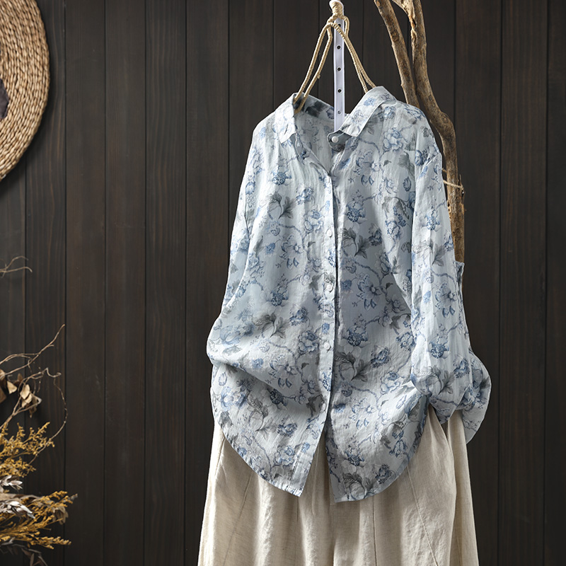 复古水墨印花棉纱衬衫女宽松长袖春季新款文艺休闲百搭单排扣衬衣