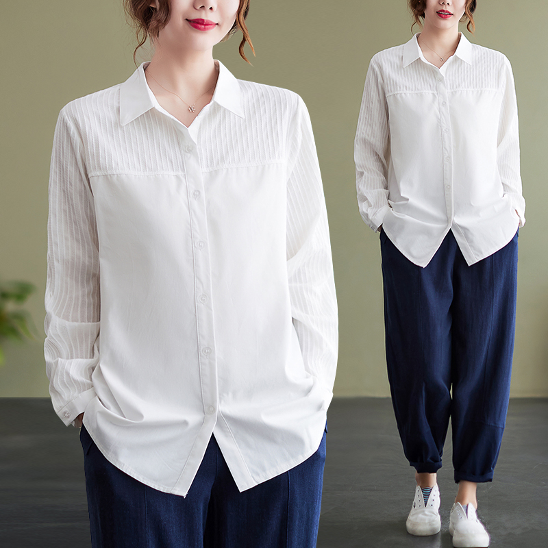 白色棉麻衬衫女夏装2023新款胖mm宽松文艺条纹拼接显瘦百搭衬衣潮