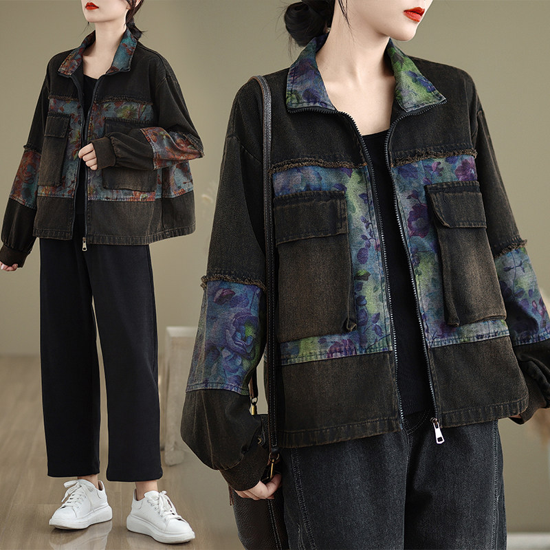 新款秋冬拼色牛仔宽松大码短款外套时尚气质拼接拉链开衫外套