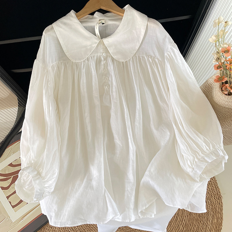 森系娃娃领白色棉麻长袖衬衫女春季宽松甜美a字娃娃衫灯笼袖上衣,女装/女士精品,衬衫,淘宝优惠券,粉丝福利购,淘宝优惠卷