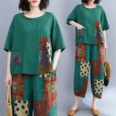 女装 t恤七分裤 夏季 短袖 两件套 胖mm减龄洋气拼接印花棉麻套装 大码