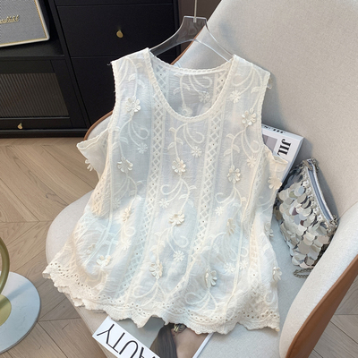 法式重工刺绣镂空蕾丝背心女夏季轻奢高级感外穿显瘦无袖上衣t恤
