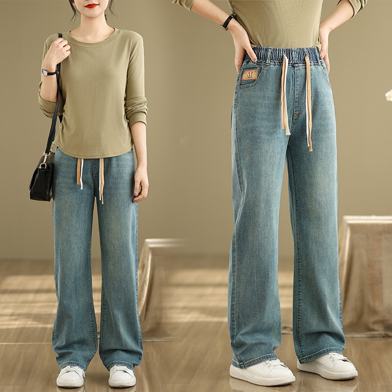 高腰阔腿牛仔裤女春秋2025新款宽松浅色直筒小个子显瘦拖地长裤子
