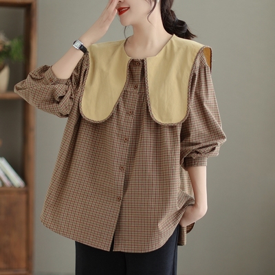 复古日系娃娃领格子长袖衬衫女