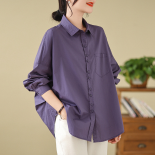 胖mm紫色衬衫 百搭长袖 女2024新款 宽松显瘦韩版 打底衬衣潮 秋装 大码