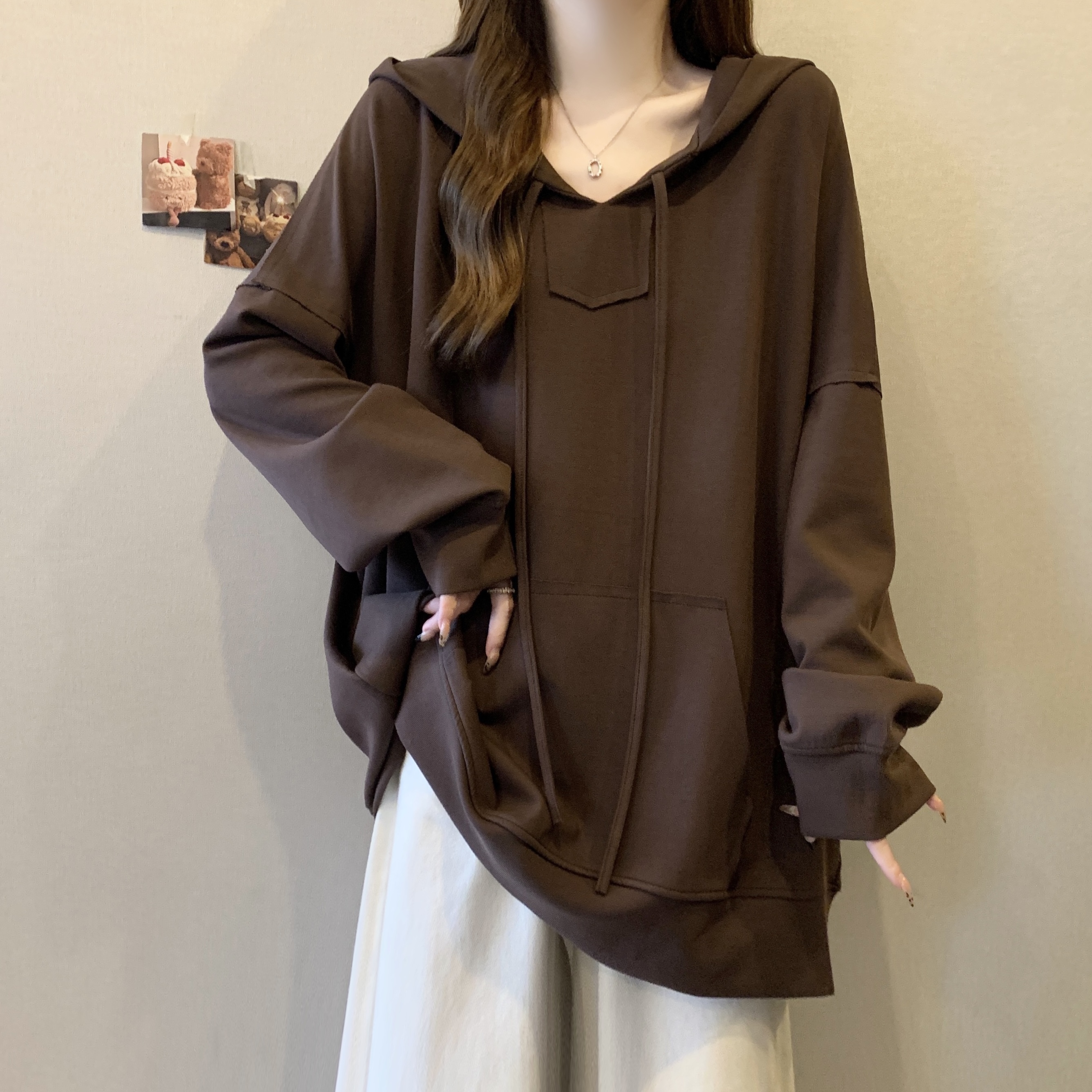 慵懒风连帽卫衣外套女春秋季2025新款大码胖mm宽松显瘦遮屁股上衣