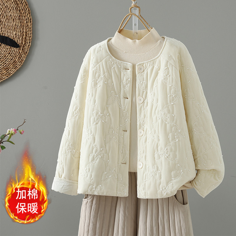 新中式国风刺绣羽绒棉服女冬季高级感宽松气质无领夹棉短外套棉衣