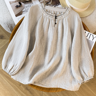 遮肉棉麻T恤长袖 文艺花边领亚麻料衬衫 大码 复古灯笼袖 上衣 女秋季