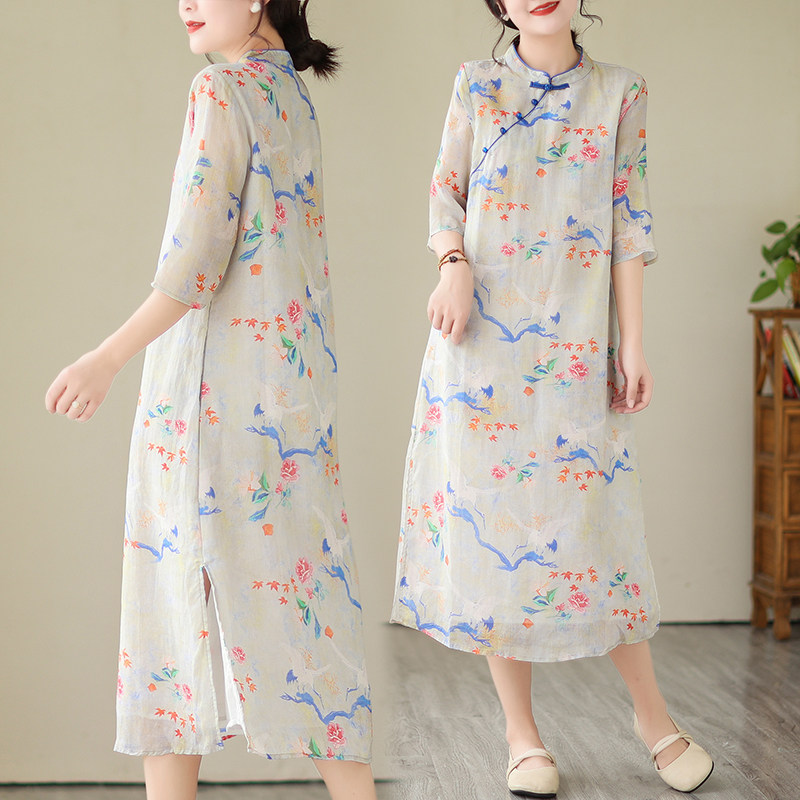 复古斜襟珠扣棉麻连衣裙女夏季年轻款改良旗袍裙子宽松印花长裙潮,女装/女士精品,连衣裙,淘宝优惠券,粉丝福利购,淘宝优惠卷