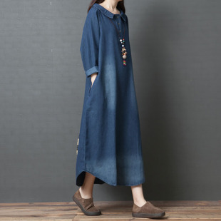 遮肉显瘦衬衫 牛仔连衣裙女长袖 宽松大码 胖mm春秋韩版 裙子 2024新款