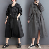 时尚 过膝防晒衣女夏季 百搭宽松抽绳收腰风衣连帽薄外套潮 长款 大码