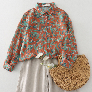 女士百搭高端苎麻长袖 宽松文艺小清新碎花衬衫 衬衣 新款 2024年秋季