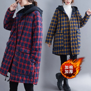 大码棉服女冬季2026年新款夹棉加厚棉袄复古格子中长款连帽外套潮