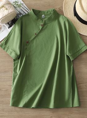 绿色亚麻禅意佛系短袖衬衫女夏季中国风改良旗袍斜襟立领套头上衣