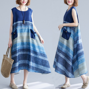 文艺范撞色拼接不规则大摆长裙显瘦棉麻无袖 夏季 连衣裙子 女装 大码