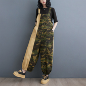 2024春季 女士工装 新款 小菲家 宽松大码 迷彩撞色牛仔背带裤 连体裤