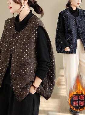 咖色波点无领马甲背心棉服女款秋冬外穿夹棉加厚无袖棉衣坎肩外套