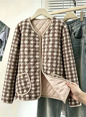 轻薄文艺范格子棉衣女小个子短款百搭宽松秋冬季棉服棉袄叠穿外套