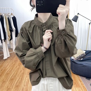 内搭衬衣纯色百搭长袖 宽松灯笼袖 上衣 女春季 简约通勤立领棉质衬衫