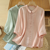 2025夏季 衬舒适透气潮 中袖 棉麻文艺小翻领刺绣苎麻衬衫 女宽松薄款