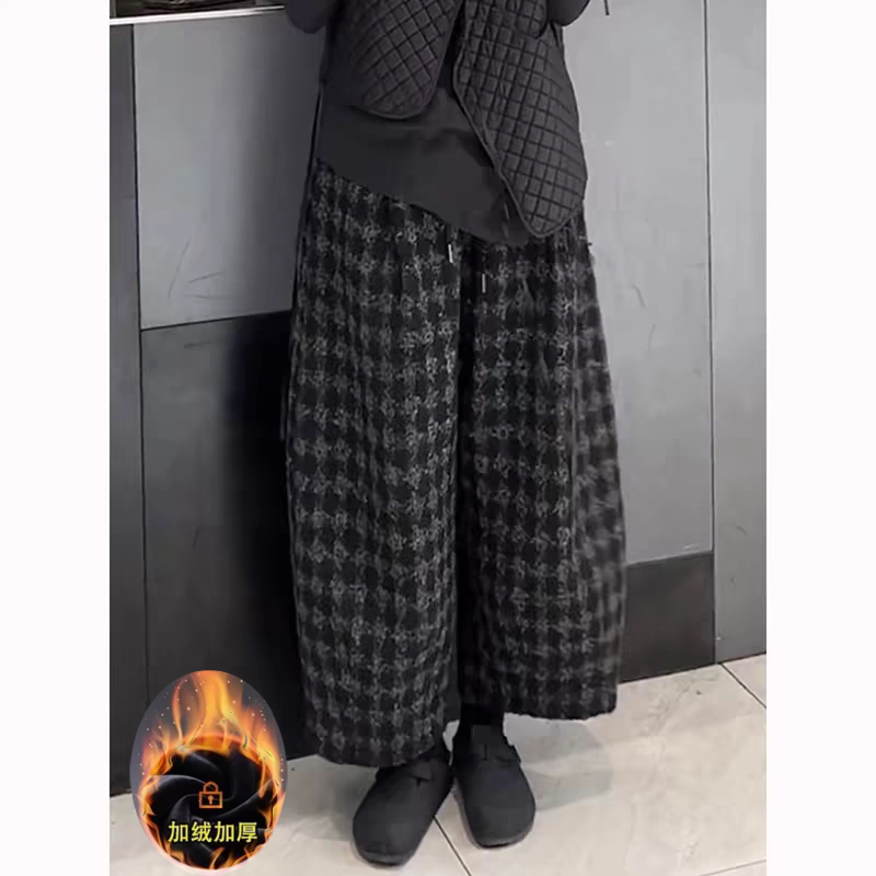 加绒毛呢格子阔腿裤女秋冬复古高级感宽松显瘦时尚洋气休闲气球裤