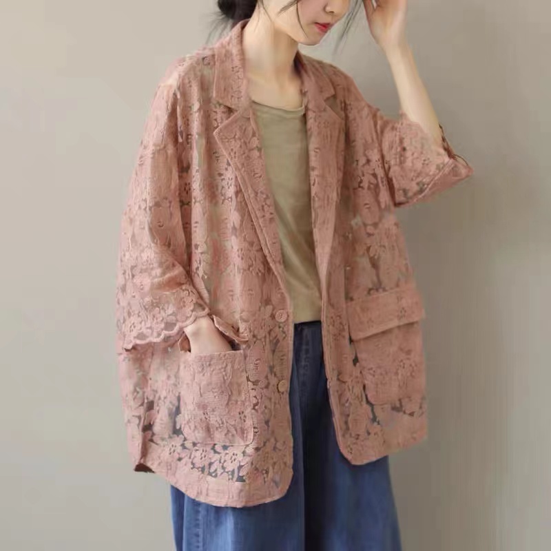 大码时尚洋气蕾丝西装外套女夏季胖mm宽松防晒上衣减龄气质小西服