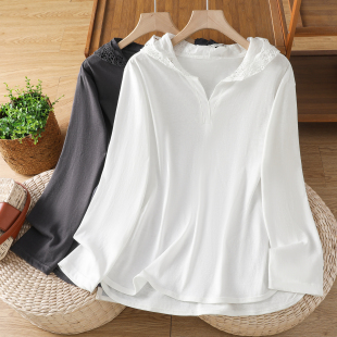宽松显瘦内搭打底衫 新款 上衣 T恤女秋季 重工钩花蕾丝拼接连帽长袖