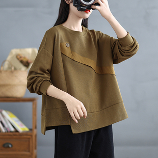 圆领卫衣女秋冬2024新款 欧货设计感拼接撞色贴布宽松内搭上衣 爆款