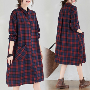 大码 韩版 棉麻格子衬衫 裙女中长款 连衣裙 2024春装 休闲气质长袖 新款