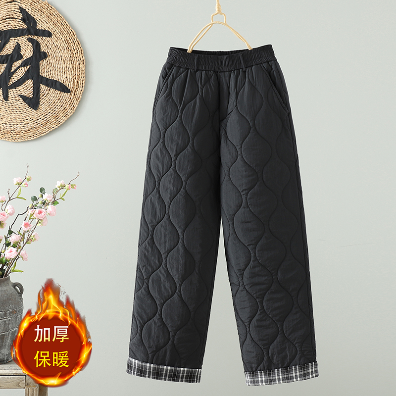 文艺绗缝菱格棉裤女冬外穿格子卷边阔腿裤宽松休闲加厚保暖直筒裤