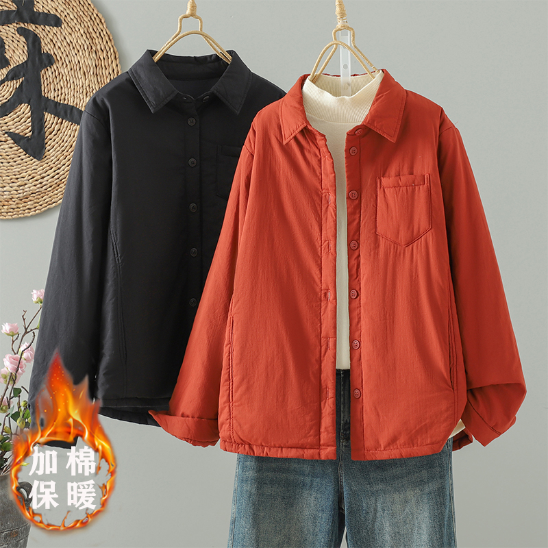 夹棉衬衫外套女秋冬轻薄洋气棉衣宽松超好看休闲翻领保暖棉服上衣