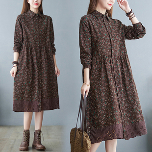 拼接显瘦棉麻衬衫 复古田园风碎花裙子女中长款 连衣裙 新款 2024春装