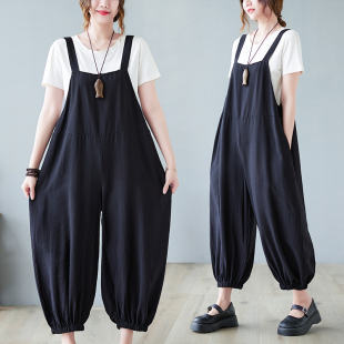 高腰显瘦胖mm休闲九分灯笼裤 大码 宽松吊带连体裤 女夏季 黑色背带裤
