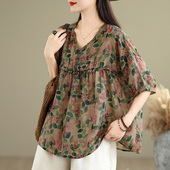女夏装 洋气大码 胖mm遮肚显瘦小衫 轻薄棉麻碎花娃娃衫 V领短袖 T恤潮