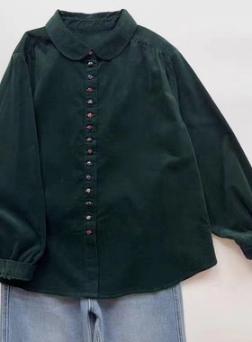 复古深绿色灯芯绒衬衫女长袖2025年秋冬宽松森系百搭纯棉条绒上衣