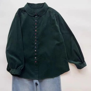复古深绿色灯芯绒衬衫女长袖2025年秋冬宽松森系百搭纯棉条绒上衣
