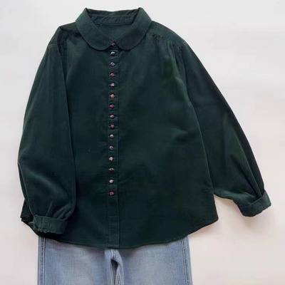 复古深绿色灯芯绒衬衫女长袖上衣