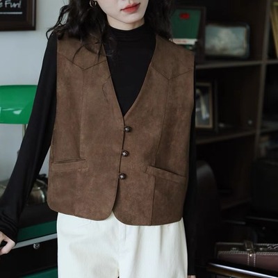 复古麂皮绒马甲女士V领短款坎肩