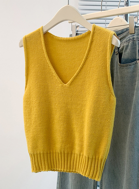韩系显白柠檬黄针织马甲背心女秋季新款V领无袖叠穿毛衣坎肩上衣