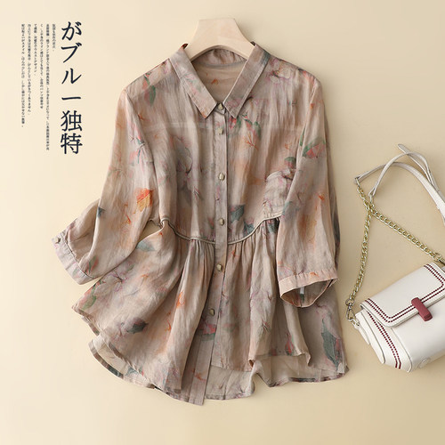 复古高端苎麻印花七分袖衬衫女